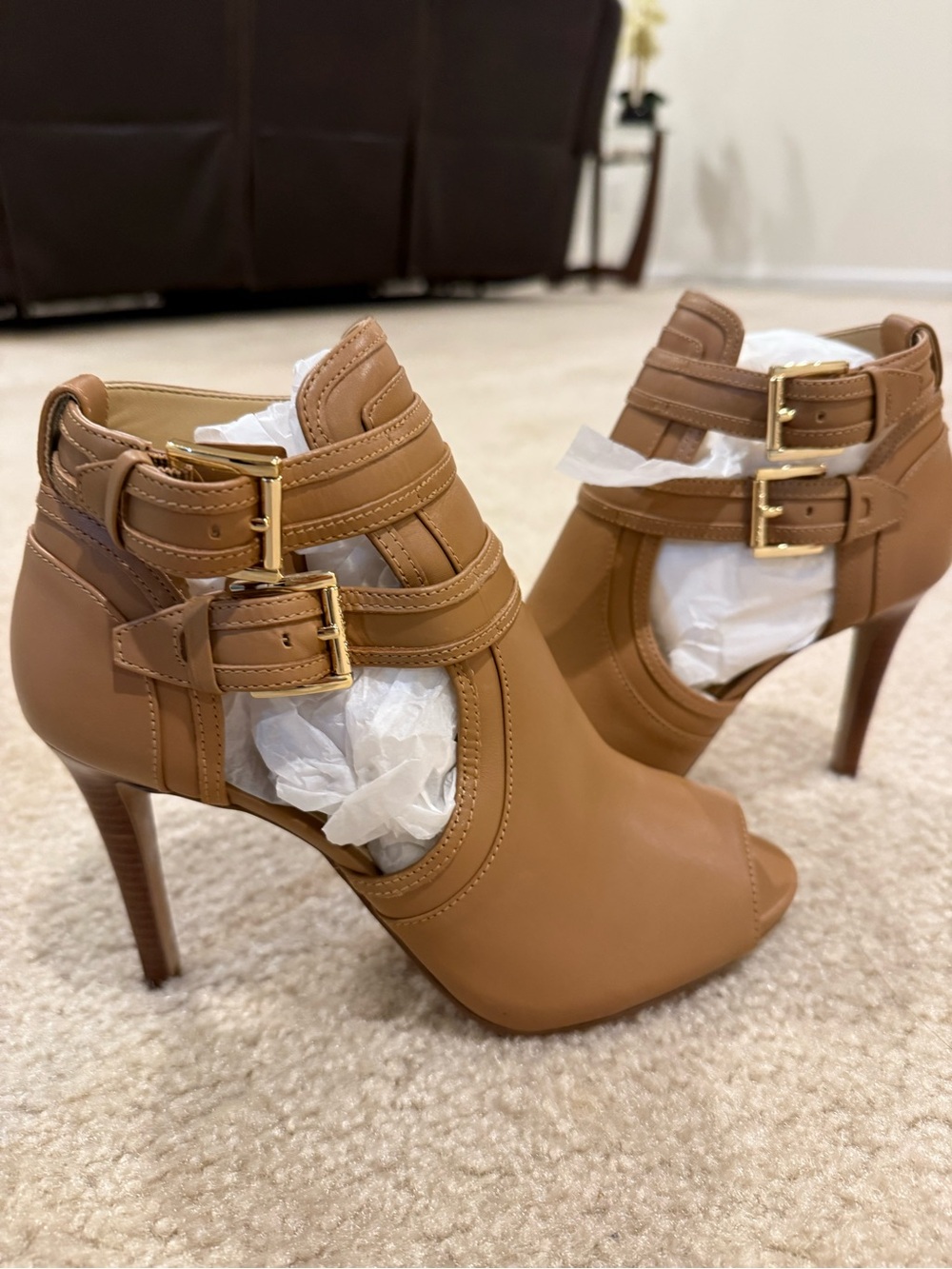 Michael Kors Tan Cutout Ankle Booties with Gold Buckles